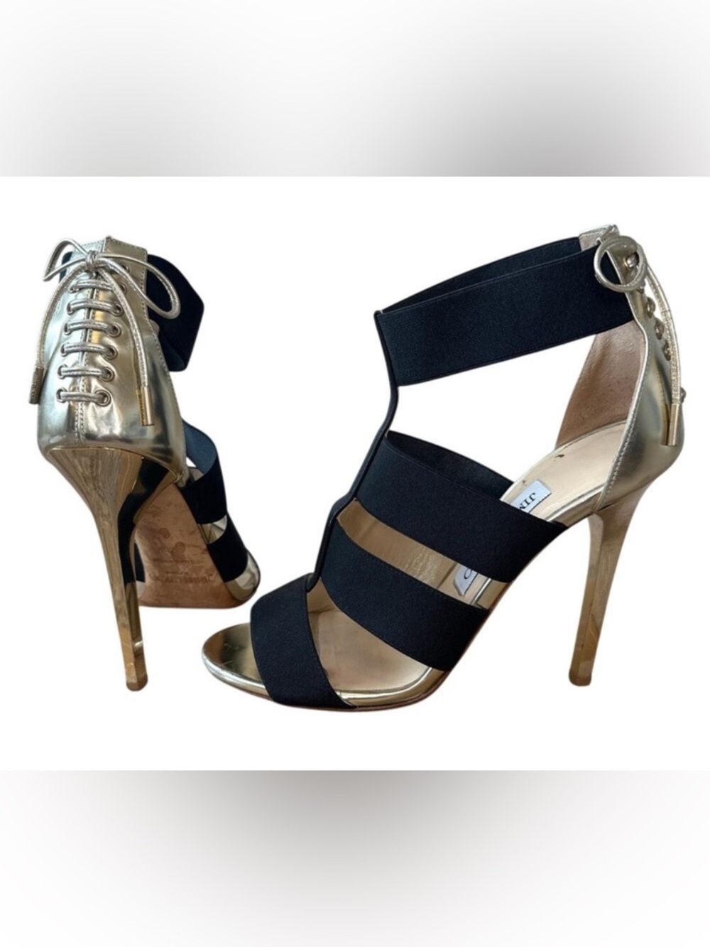 Jimmy Choo Dario Black Ladder Strap Gold Heel Sandals Size US 8, IT 38
